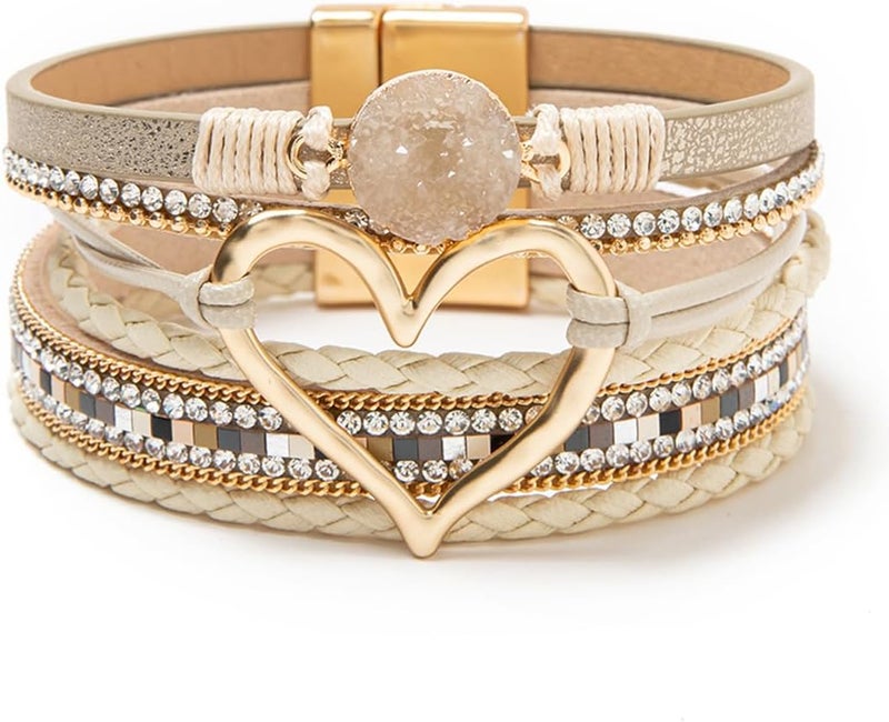 Rantanto Braid Leather Wrap Bracelet Trendy Stackable Crystal Cuff Boho Gold Heart Bracelet Jewelry Gift For Women - Image 1